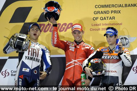 1er Casey Stoner, 2ème Jorge Lorenzo et 3ème Dani Pedrosa - Grand Prix Moto du Qatar 2008 : le tour par tour sur Moto-Net.Com