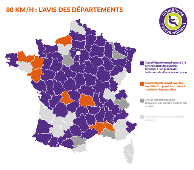 Carte de France des départements où la limitation de vitesse pourrait repasser à 90 km/h
