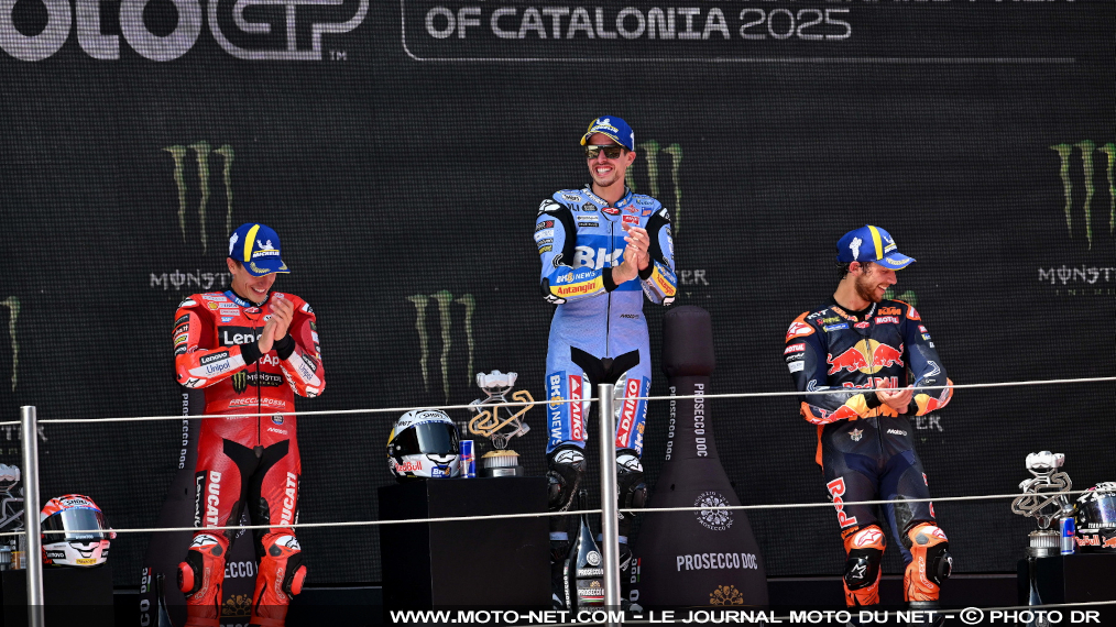 Résultats du Moto GP de Catalogne 2025

Alex Marquez repousse l'échéance vers le titre de son frère Marc avec une victoire nette et sans bavure en course principale du GP de Catalogne 2025, qui vient compenser sa chute au sprint. Fabio Quartararo, 2ème puis 5ème, signe un excellent week-end sur la Yamaha, alors que Johann Zarco termine au tapis.
