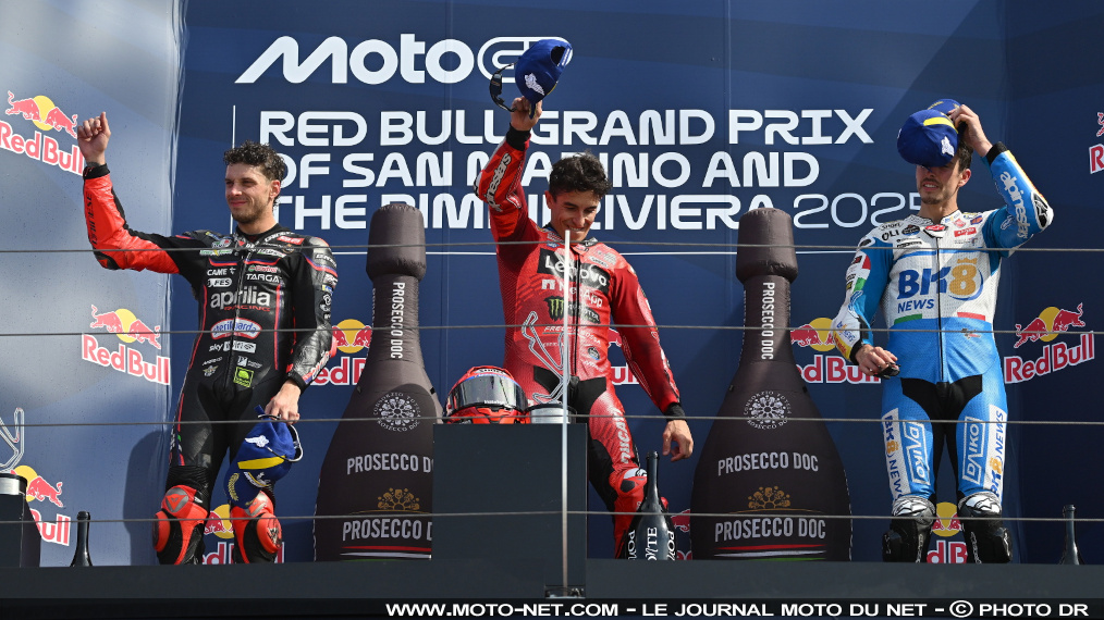 Résultats et classements Moto GP de Saint-Marin 2025

Un coup à toi, un coup à moi : Marc Marquez et Marco Bezzecchi sont les acteurs principaux du Grand Prix de San Marin 2025. L'officiel Ducati est tombé au sprint sous la pression du pilote Aprilia, qui signe son premier succès sur la RS-GP, avant que le n°93 n'inverse la tendance en course principale en faisant plier &quot;Bez&quot; pour s'emparer de sa 11ème victoire et se rapprocher du titre au Japon.  
