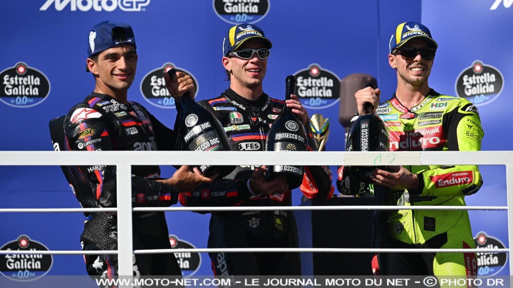 Résultats du Grand Prix MotoGP du Brésil 2026 à Goiânia

Marco Bezzecchi et son coéquipier Jorge Martin signe un doublé Aprilia au Grand Prix du Brésil 2026, alors que la course principale a été raccourcie de 31 à 23 tours en raison d'une dégradation de la piste de Goiânia. Marc Marquez, vainqueur au sprint, sauve la 5ème place après un beau duel avec le poleman Di Giannantonio. Week-end contrasté pour les français... 

