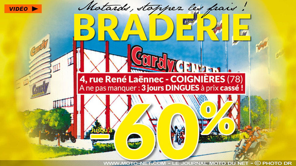 Grande braderie au magasin moto Cardy Coignières ce week-end

Cardy Coignières fait le ménage dans ses rayons ce week-end ! Le magasin d'équipements motard et d'accessoires moto situé au 4 rue René Laënnec (à Coignières, tout à fait) casse donc les prix de nombreux articles du 3 au 5 octobre 2025, en magasin comme en ligne. Il offre en prime le montage gratuit des pneus achetés sur cette même période.

