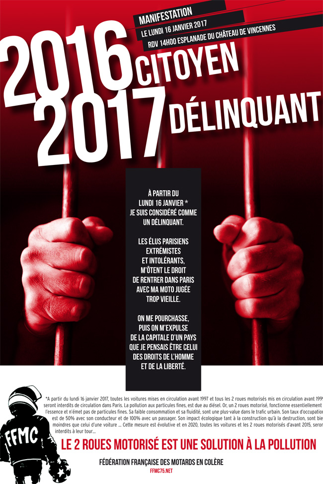 Manif FFMC contre les restrictions de circulation à Paris le 16 janvier 2017