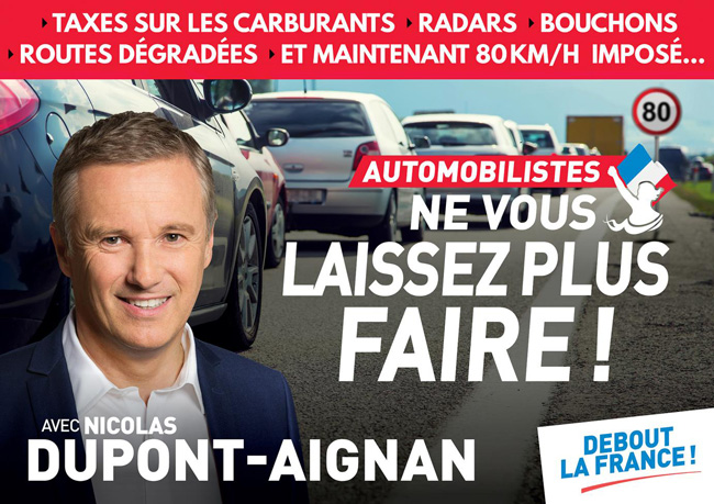Nicolas Dupont-Aignan suggère au premier ministre d'expérimenter les 80 km/h... dans son département !