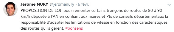 Le député Jérôme Nury dépose une proposition de loi contre la baisse générale de la vitesse à 80 km/h