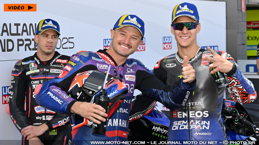 Quartararo hisse sa M1 en pole du GP d'Australie 2025 ! 

Surprenant 4ème hier aux essais à Phillip Island, Fabio Quartararo vient de signer une pole position record au Grand Prix d'Australie 2025 (départ à 6h, attention) ! Le Yamaha n°20 précède le solide Marco Bezzecchi sur son Aprilia… et le local Jack Miller sur sa M1 Pramac ! Vainqueur il y a deux ans, Johann Zarco est relégué au 5ème rang sur sa Honda n°5.
